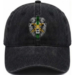 Lion of Judah Cross Jamaica Flag Washed Cotton Baseball Cap Christian Faith Jamaican Pride