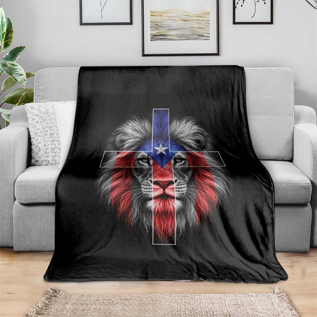 Lion of Judah Cross Puerto Rico Flag Throw Blanket Christian Faith Puerto Rican Pride