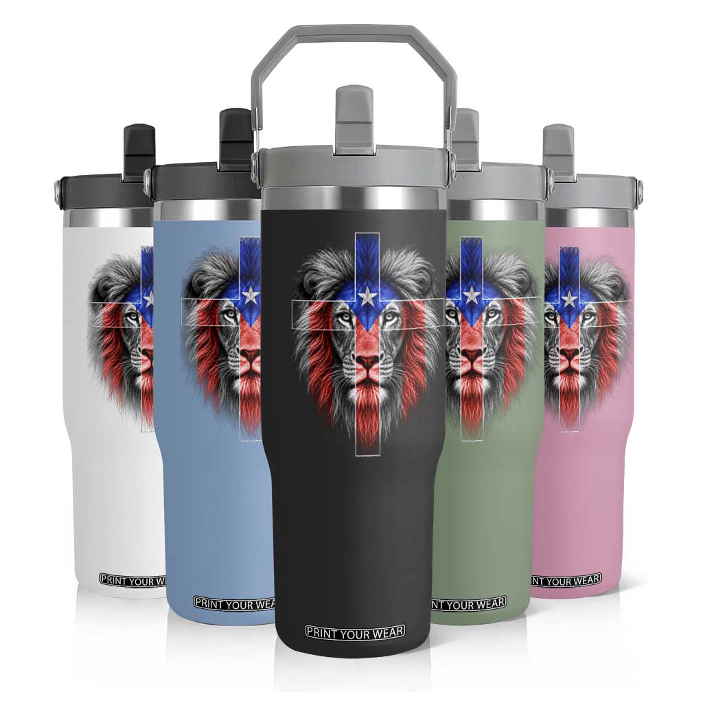 Lion of Judah Cross Puerto Rico Flag Flip Straw Tumbler Christian Faith Puerto Rican Pride