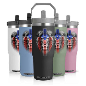 Lion of Judah Cross Puerto Rico Flag Flip Straw Tumbler Christian Faith Puerto Rican Pride
