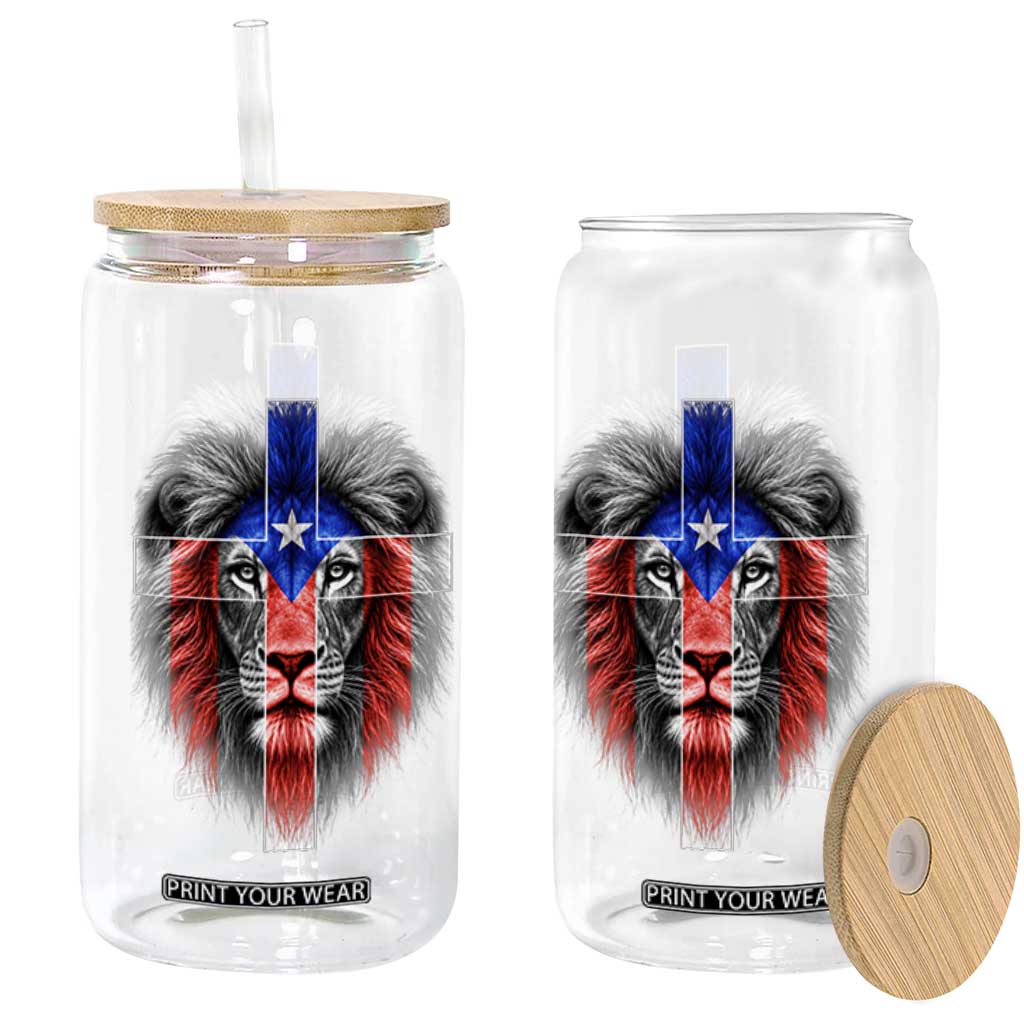 Lion of Judah Cross Puerto Rico Flag Glass Can Christian Faith Puerto Rican Pride