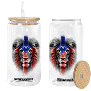 Lion of Judah Cross Puerto Rico Flag Glass Can Christian Faith Puerto Rican Pride