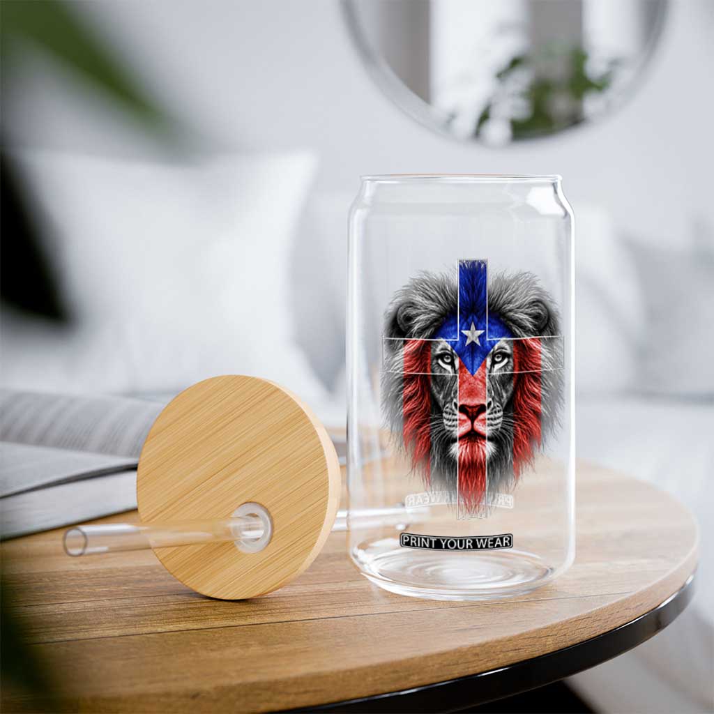 Lion of Judah Cross Puerto Rico Flag Glass Can Christian Faith Puerto Rican Pride