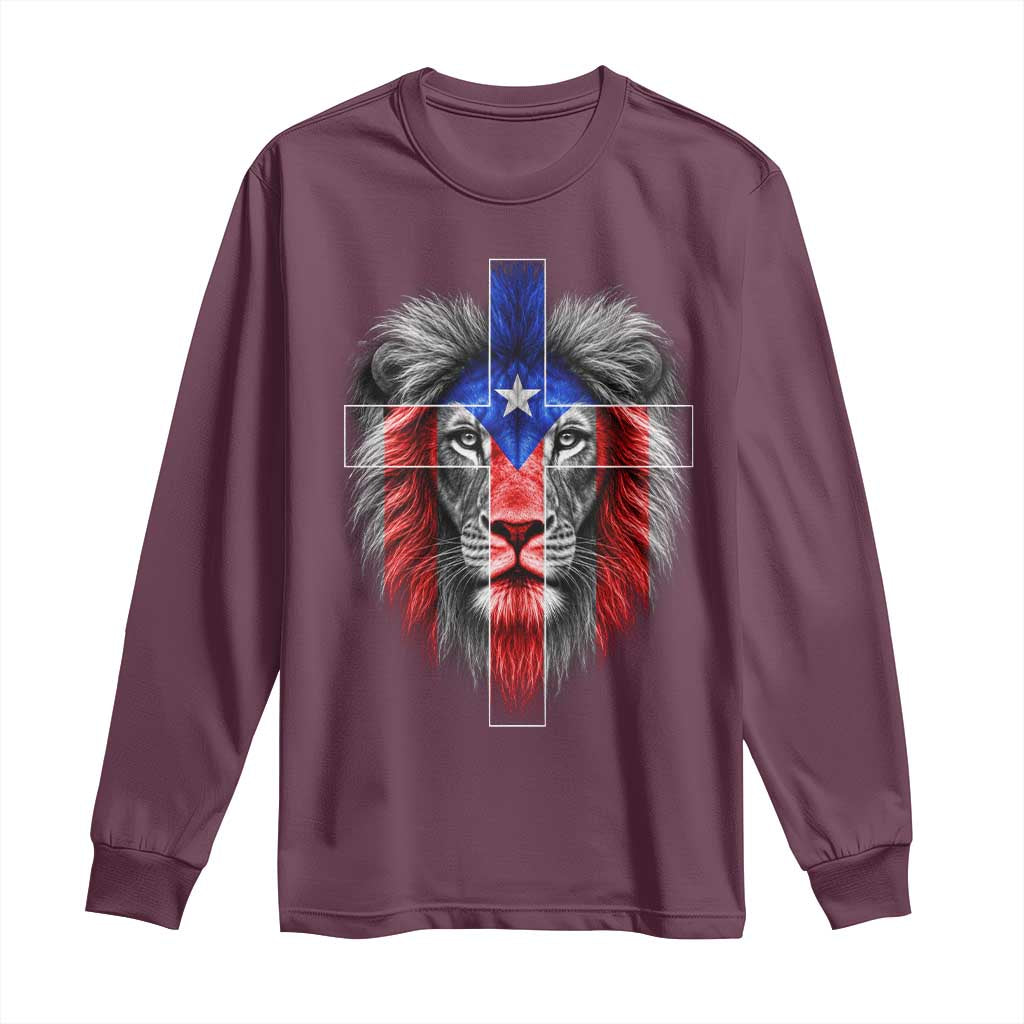 Lion of Judah Cross Puerto Rico Flag Long Sleeve Shirt Christian Faith Puerto Rican Pride