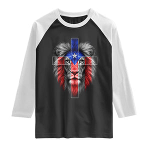 Lion of Judah Cross Puerto Rico Flag Raglan Shirt Christian Faith Puerto Rican Pride