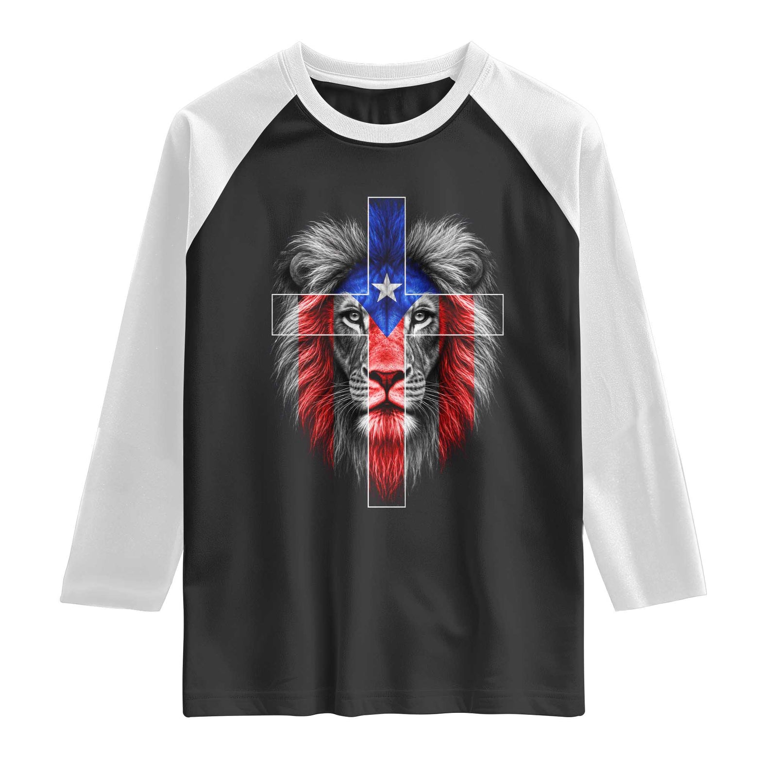Lion of Judah Cross Puerto Rico Flag Raglan Shirt Christian Faith Puerto Rican Pride TS10 Black White Print Your Wear