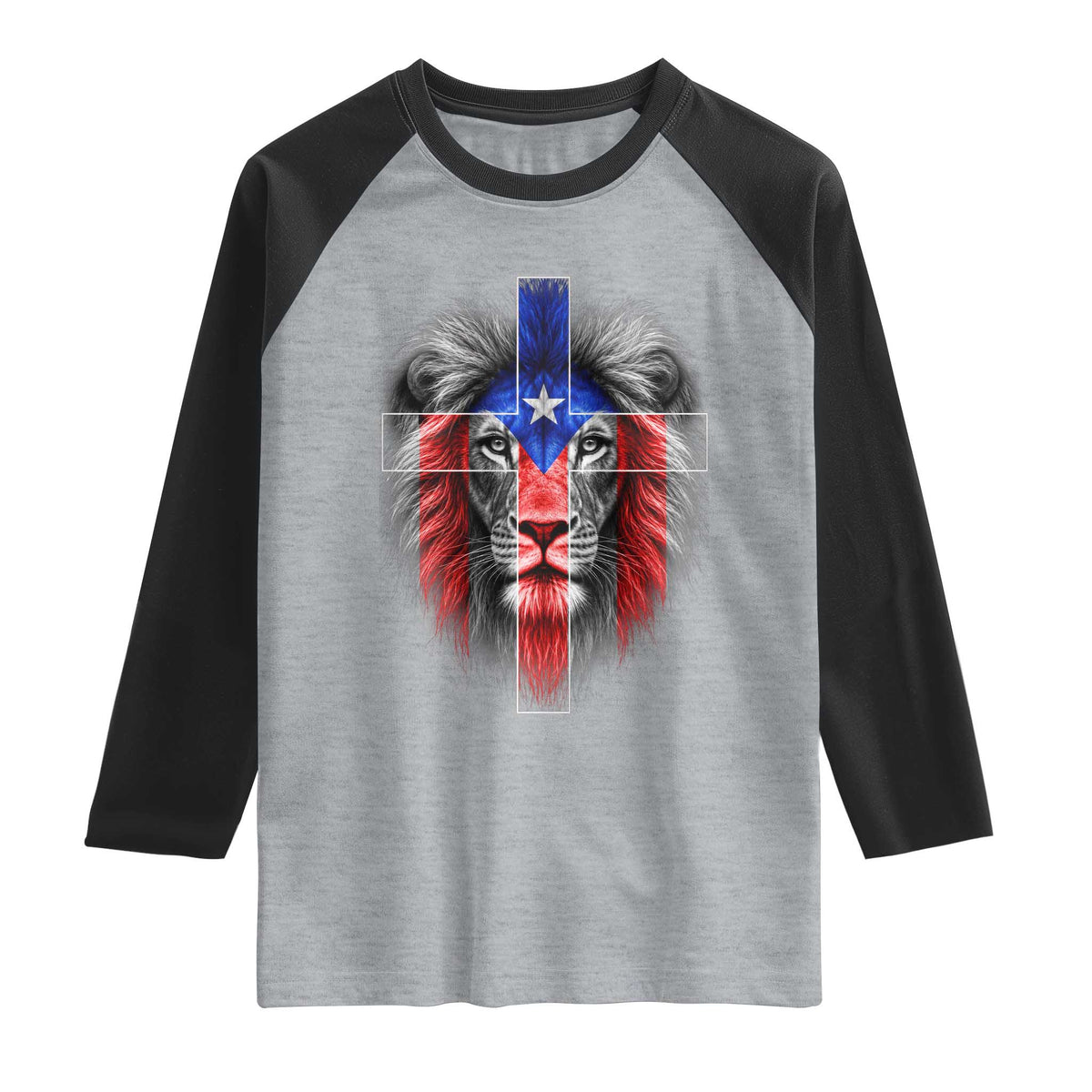 Lion of Judah Cross Puerto Rico Flag Raglan Shirt Christian Faith Puerto Rican Pride