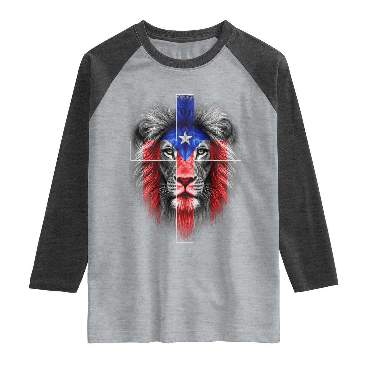 Lion of Judah Cross Puerto Rico Flag Raglan Shirt Christian Faith Puerto Rican Pride