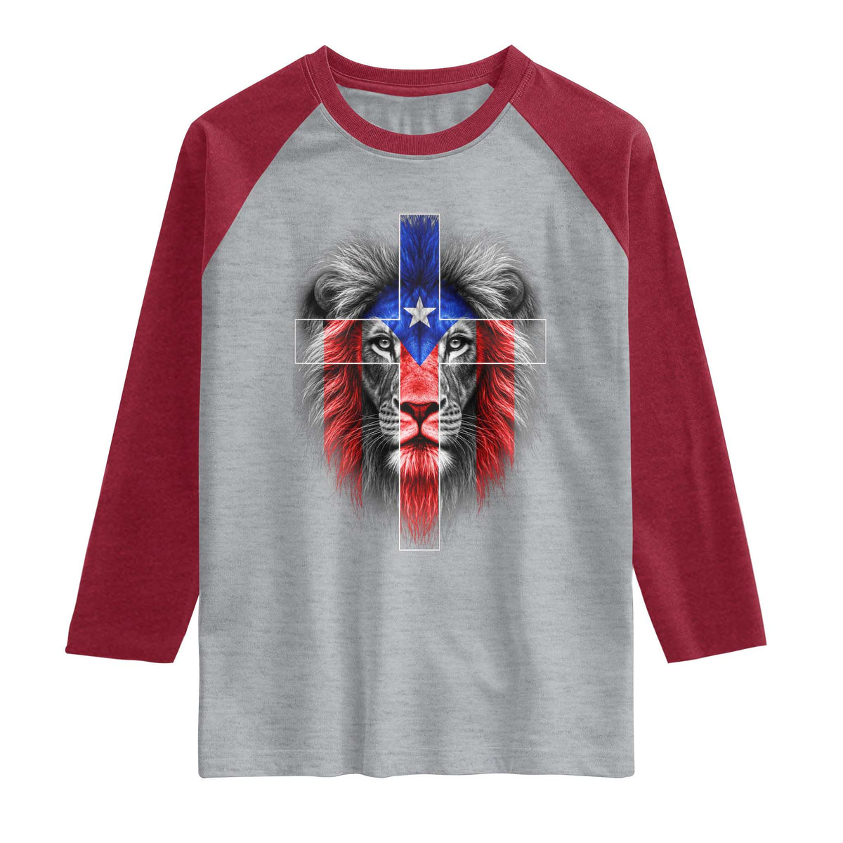 Lion of Judah Cross Puerto Rico Flag Raglan Shirt Christian Faith Puerto Rican Pride