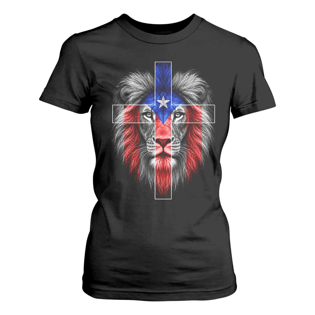 Lion of Judah Cross Puerto Rico Flag T Shirt For Women Christian Faith Puerto Rican Pride