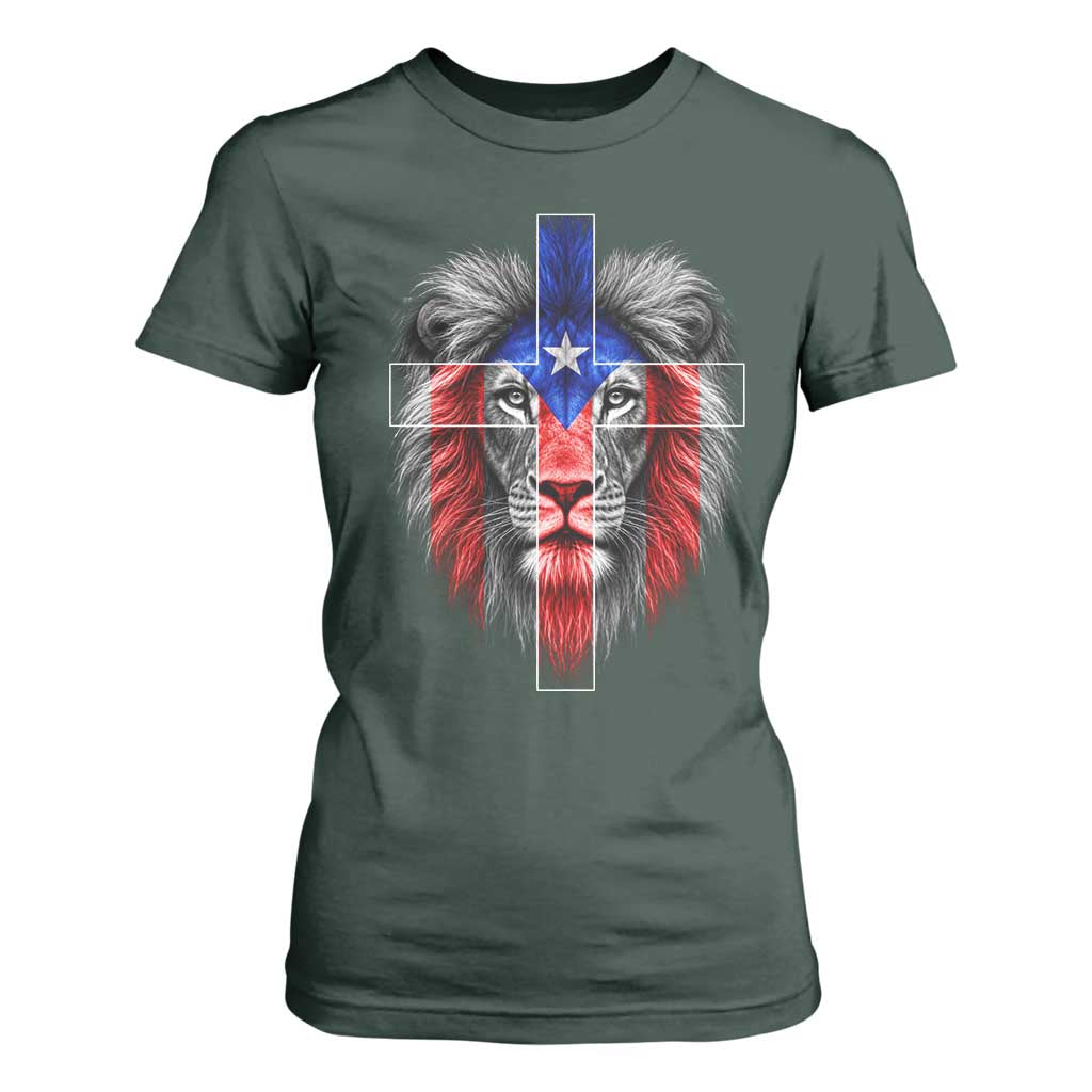 Lion of Judah Cross Puerto Rico Flag T Shirt For Women Christian Faith Puerto Rican Pride