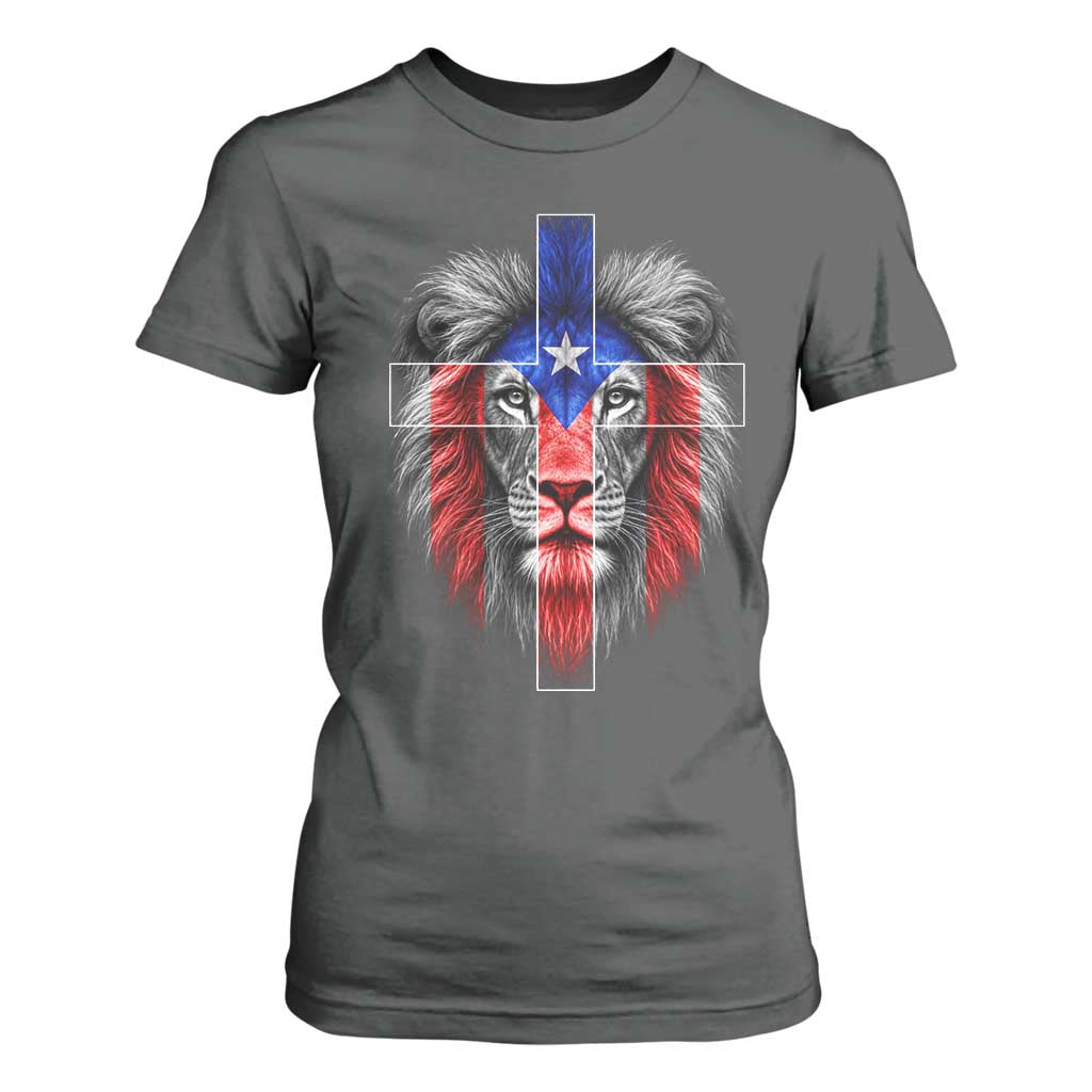 Lion of Judah Cross Puerto Rico Flag T Shirt For Women Christian Faith Puerto Rican Pride