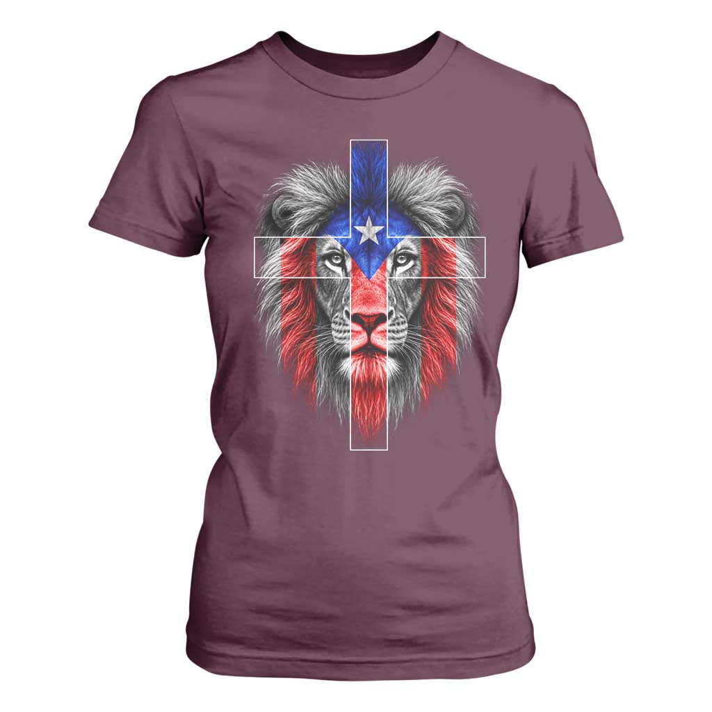 Lion of Judah Cross Puerto Rico Flag T Shirt For Women Christian Faith Puerto Rican Pride