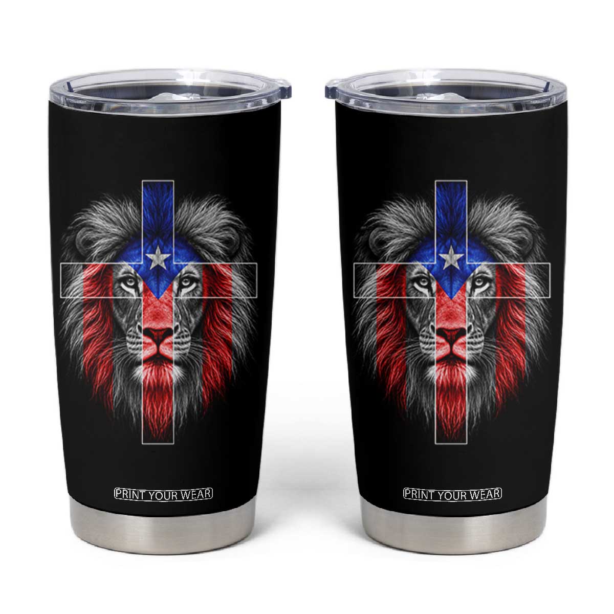 Lion of Judah Cross Puerto Rico Flag Tumbler Cup Christian Faith Puerto Rican Pride