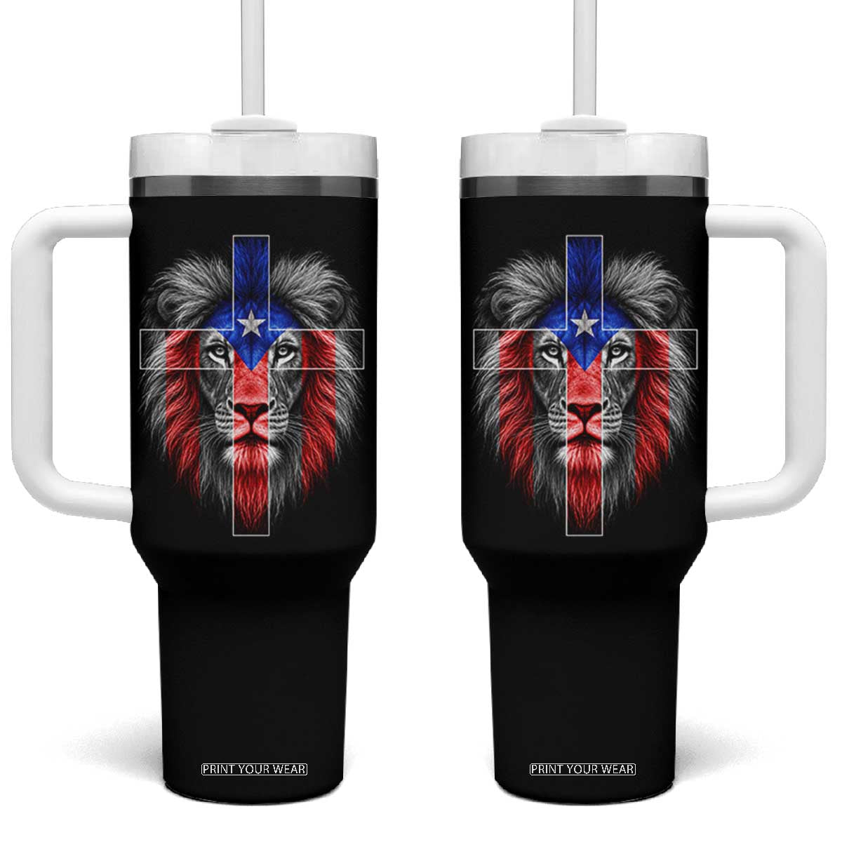 Lion of Judah Cross Puerto Rico Flag Tumbler With Handle Christian Faith Puerto Rican Pride
