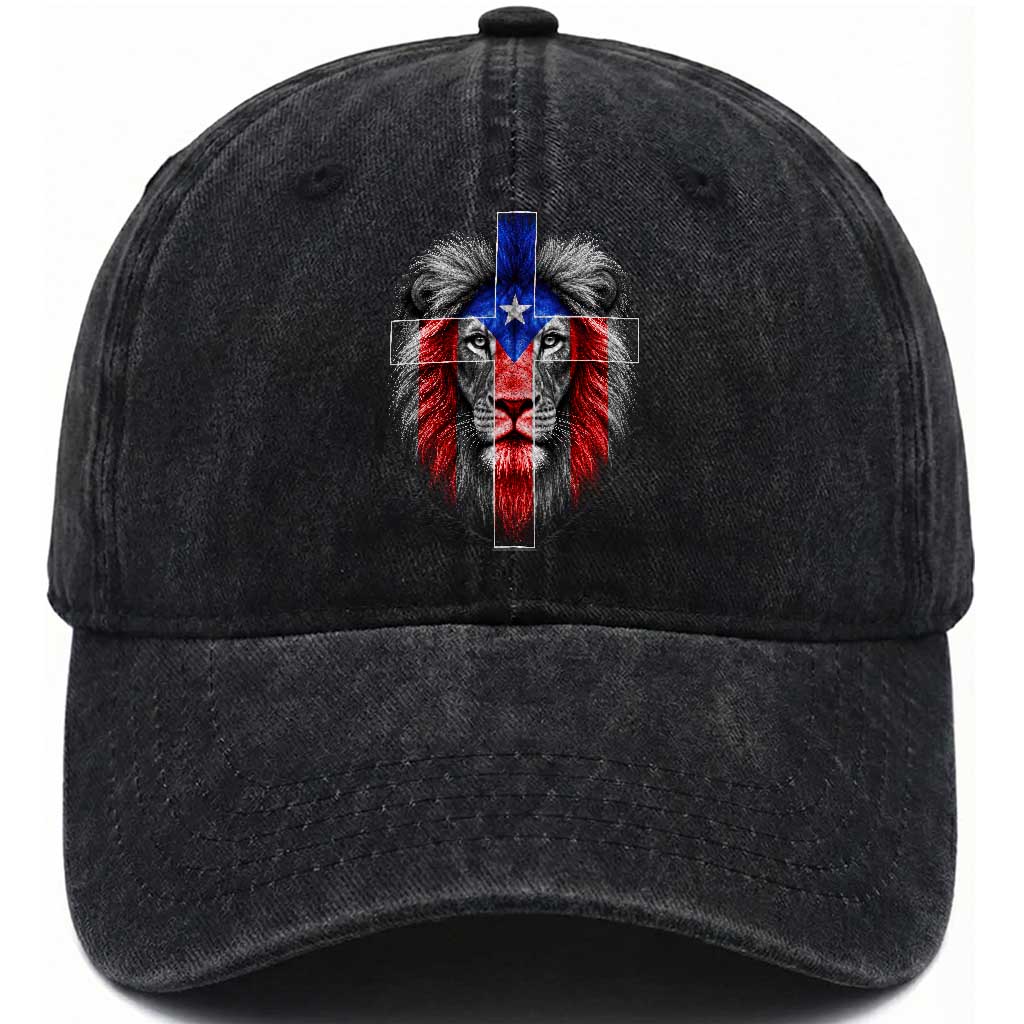 Lion of Judah Cross Puerto Rico Flag Washed Cotton Baseball Cap Christian Faith Puerto Rican Pride