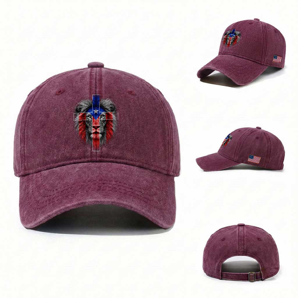 Lion of Judah Cross Puerto Rico Flag Washed Cotton Baseball Cap Christian Faith Puerto Rican Pride