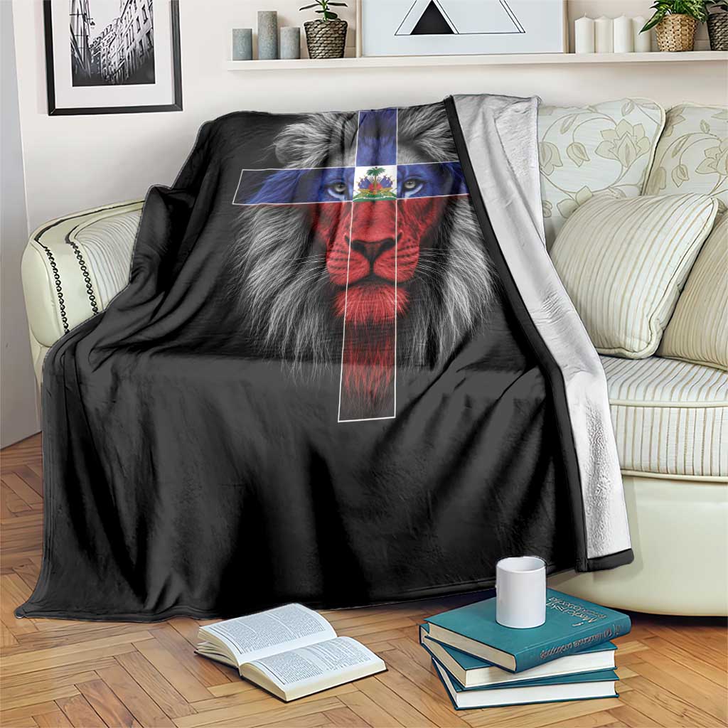 Lion of Judah Cross Haiti Flag Throw Blanket Christian Faith Haitian Pride