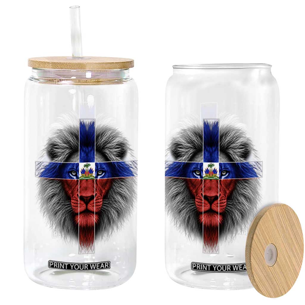 Lion of Judah Cross Haiti Flag Glass Can Christian Faith Haitian Pride