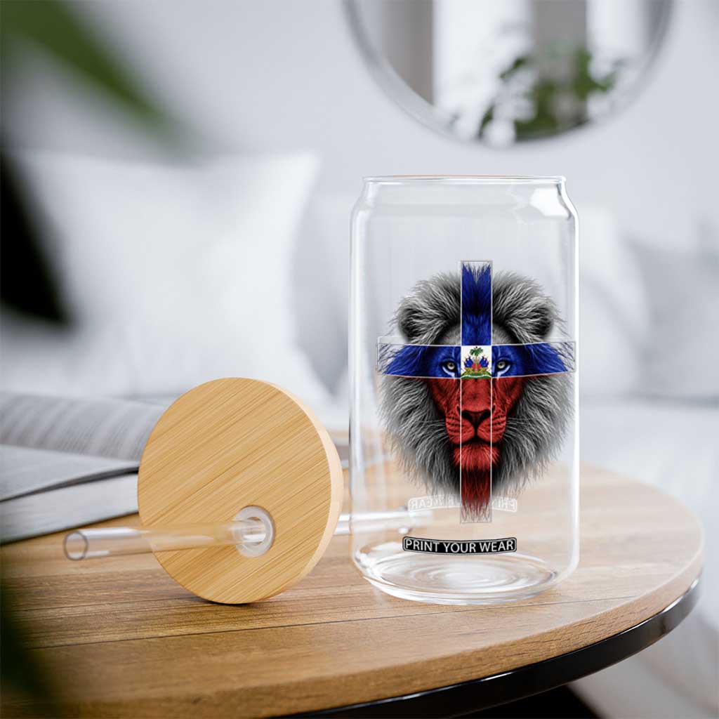 Lion of Judah Cross Haiti Flag Glass Can Christian Faith Haitian Pride