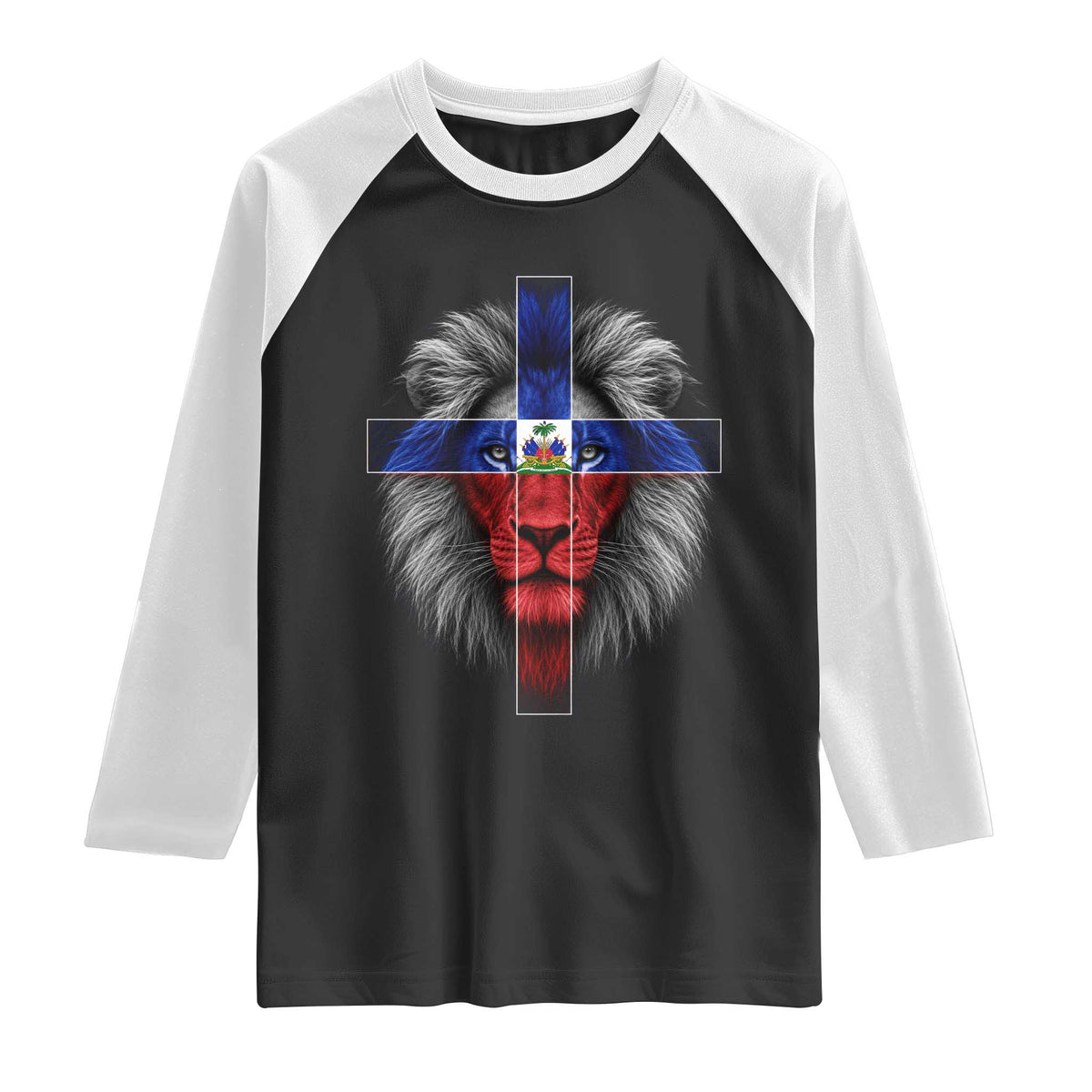 Lion of Judah Cross Haiti Flag Raglan Shirt Christian Faith Haitian Pride
