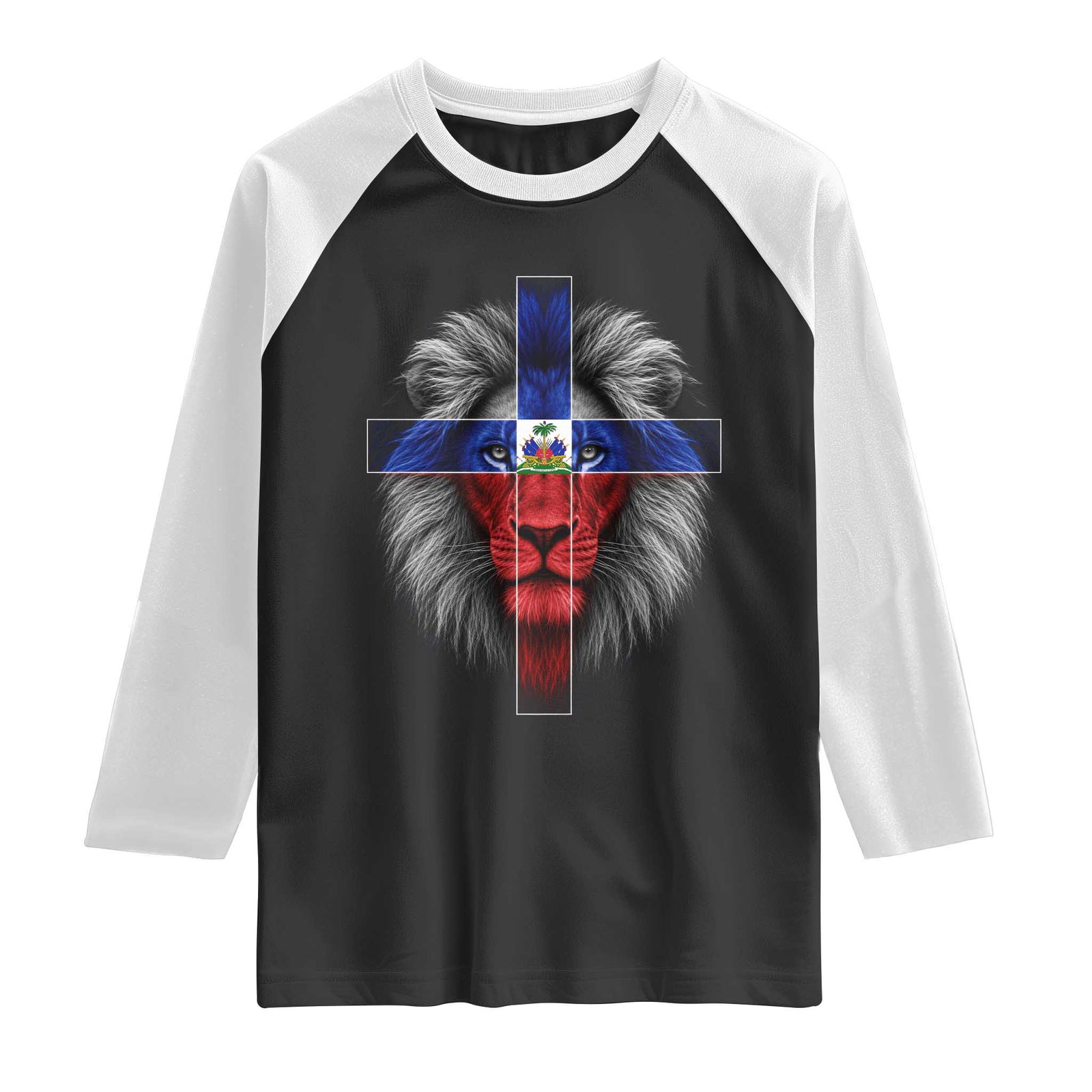 Lion of Judah Cross Haiti Flag Raglan Shirt Christian Faith Haitian Pride TS10 Black White Print Your Wear