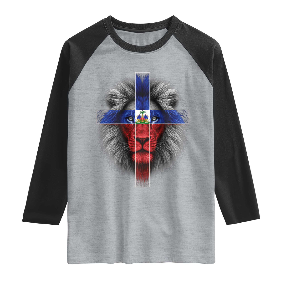 Lion of Judah Cross Haiti Flag Raglan Shirt Christian Faith Haitian Pride