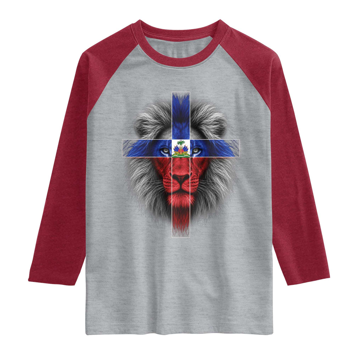 Lion of Judah Cross Haiti Flag Raglan Shirt Christian Faith Haitian Pride