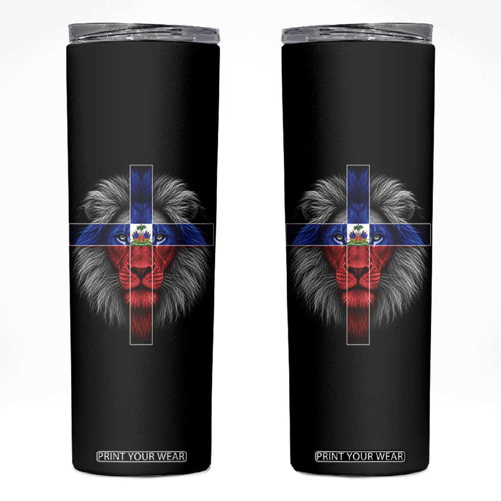 Lion of Judah Cross Haiti Flag Skinny Tumbler Christian Faith Haitian Pride