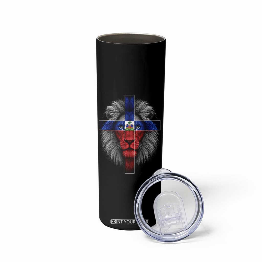 Lion of Judah Cross Haiti Flag Skinny Tumbler Christian Faith Haitian Pride