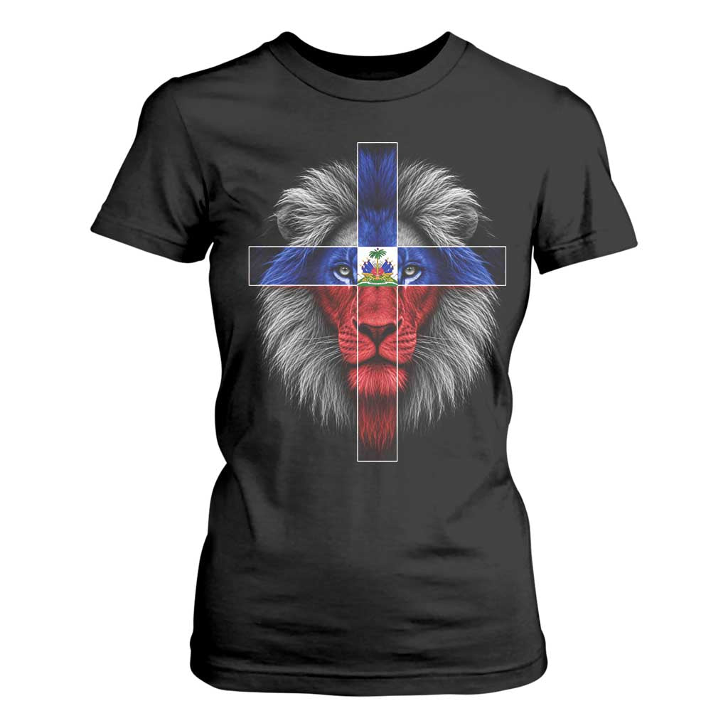 Lion of Judah Cross Haiti Flag T Shirt For Women Christian Faith Haitian Pride