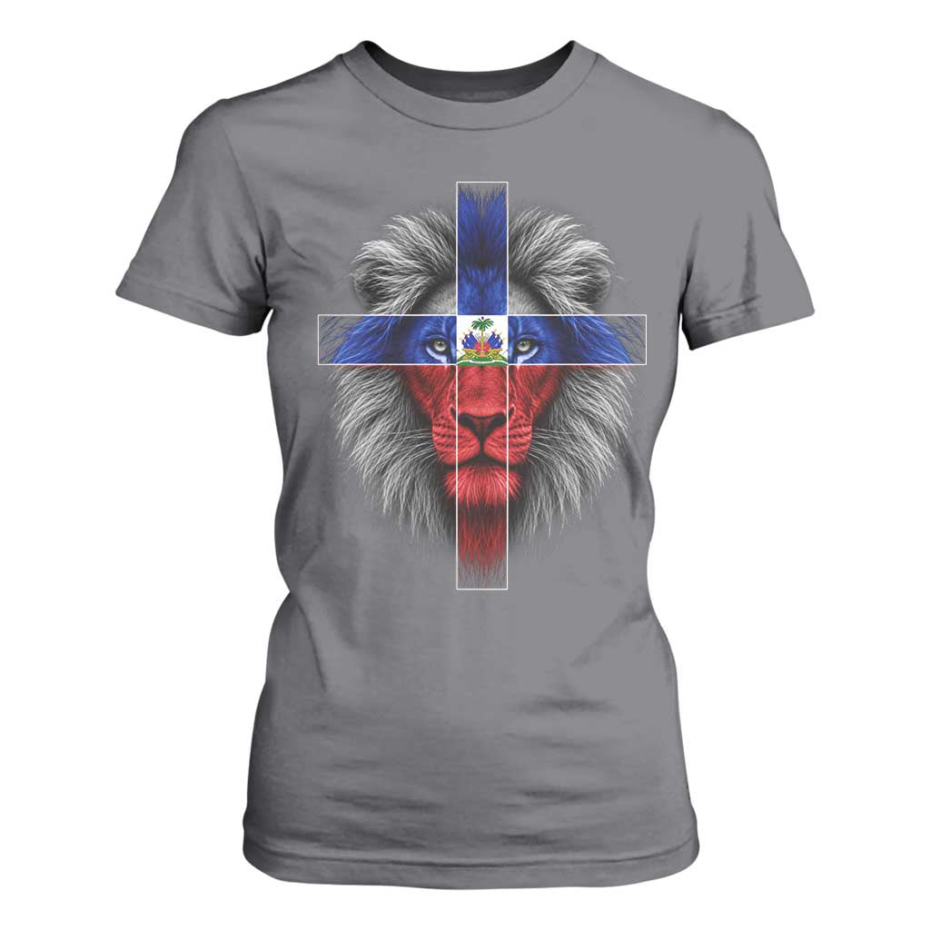 Lion of Judah Cross Haiti Flag T Shirt For Women Christian Faith Haitian Pride