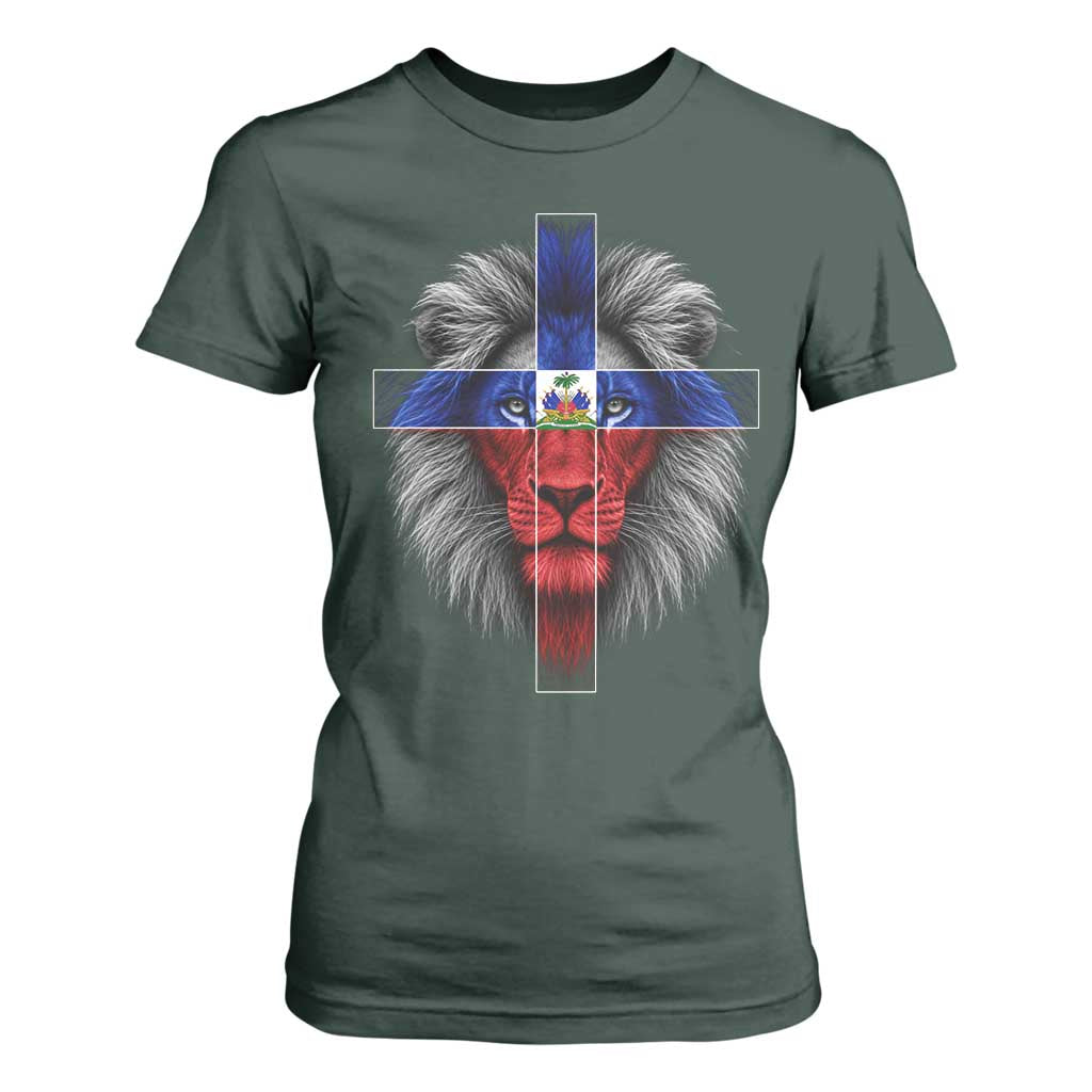 Lion of Judah Cross Haiti Flag T Shirt For Women Christian Faith Haitian Pride