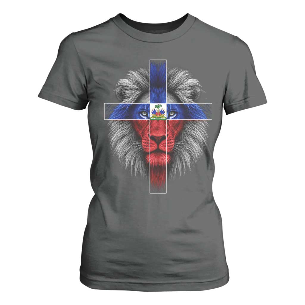 Lion of Judah Cross Haiti Flag T Shirt For Women Christian Faith Haitian Pride
