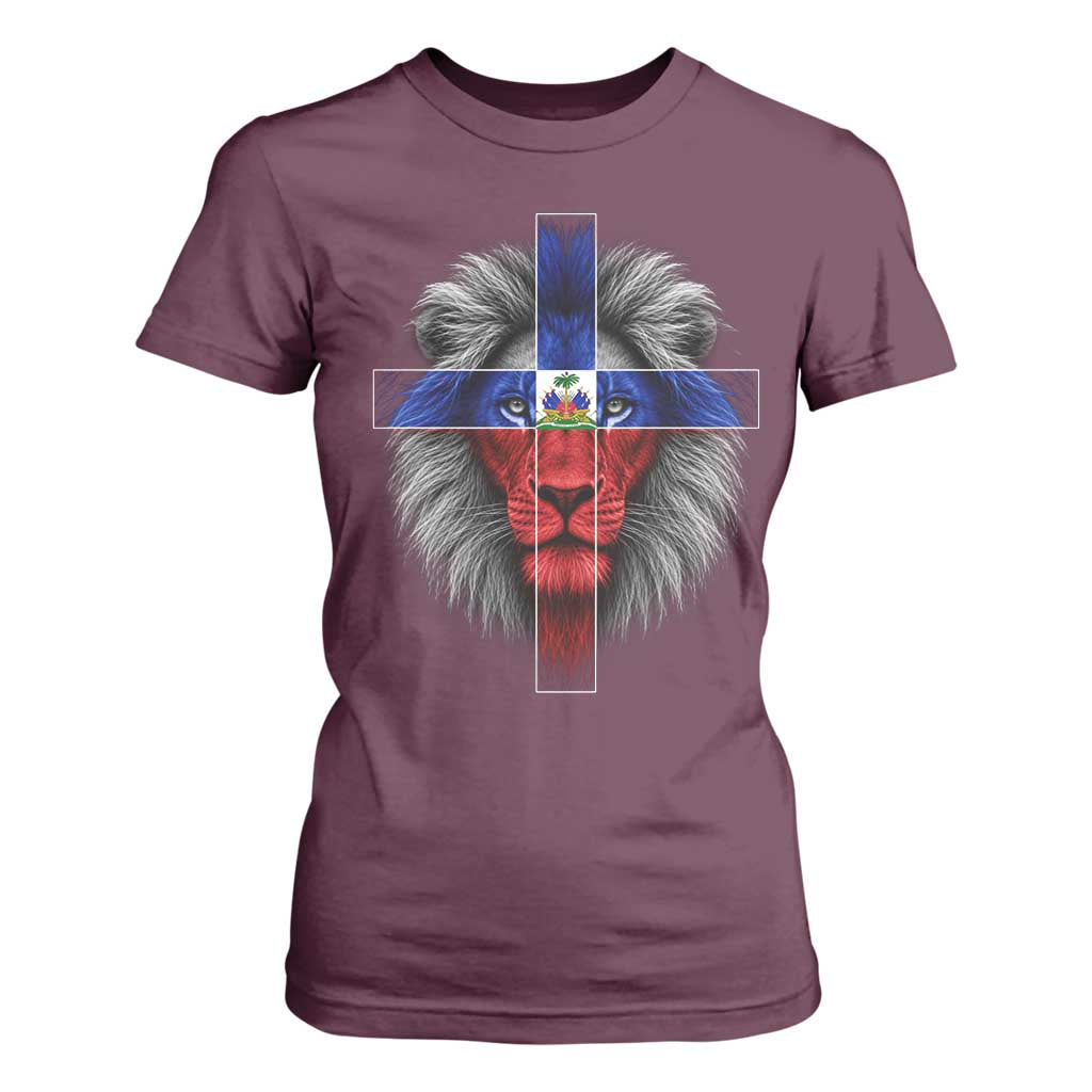 Lion of Judah Cross Haiti Flag T Shirt For Women Christian Faith Haitian Pride