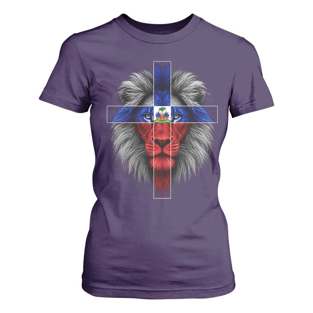 Lion of Judah Cross Haiti Flag T Shirt For Women Christian Faith Haitian Pride
