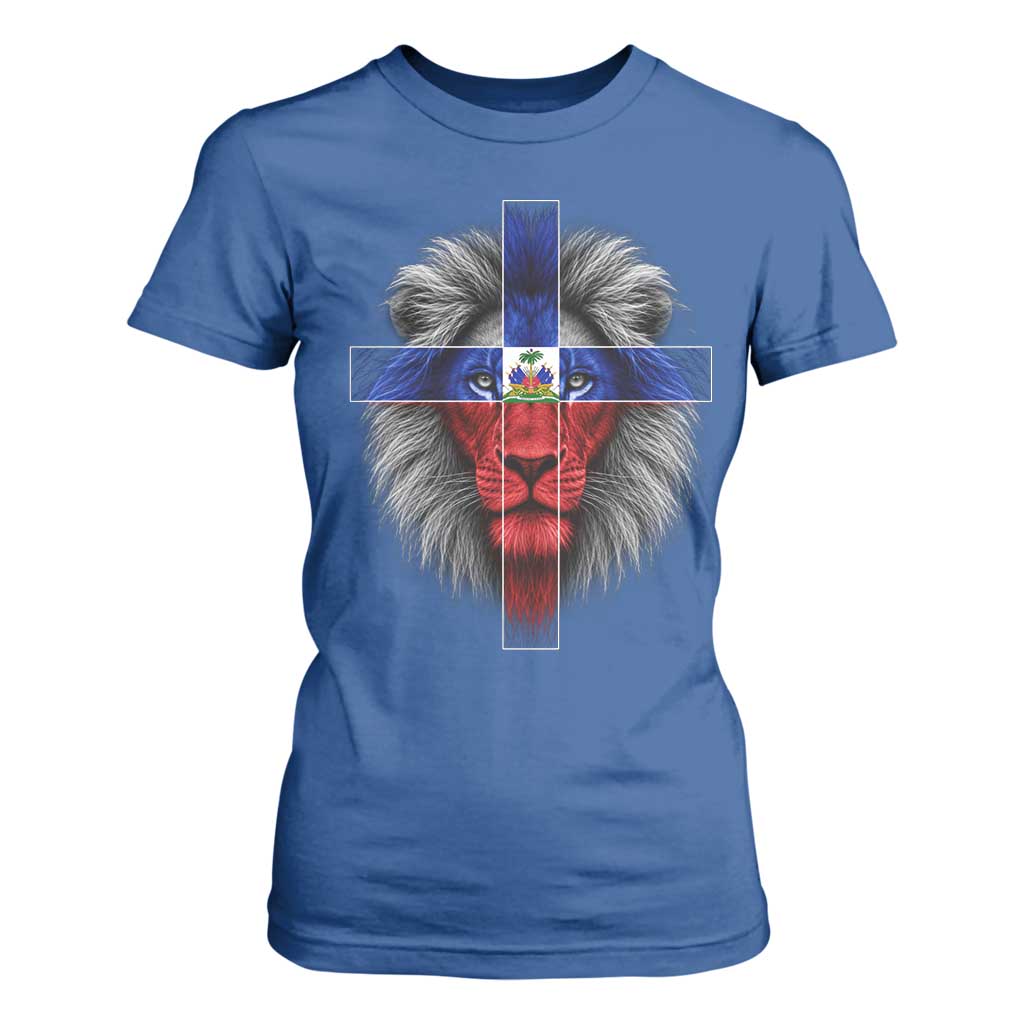 Lion of Judah Cross Haiti Flag T Shirt For Women Christian Faith Haitian Pride