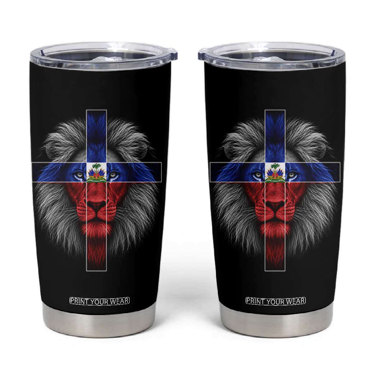 Lion of Judah Cross Haiti Flag Tumbler Cup Christian Faith Haitian Pride