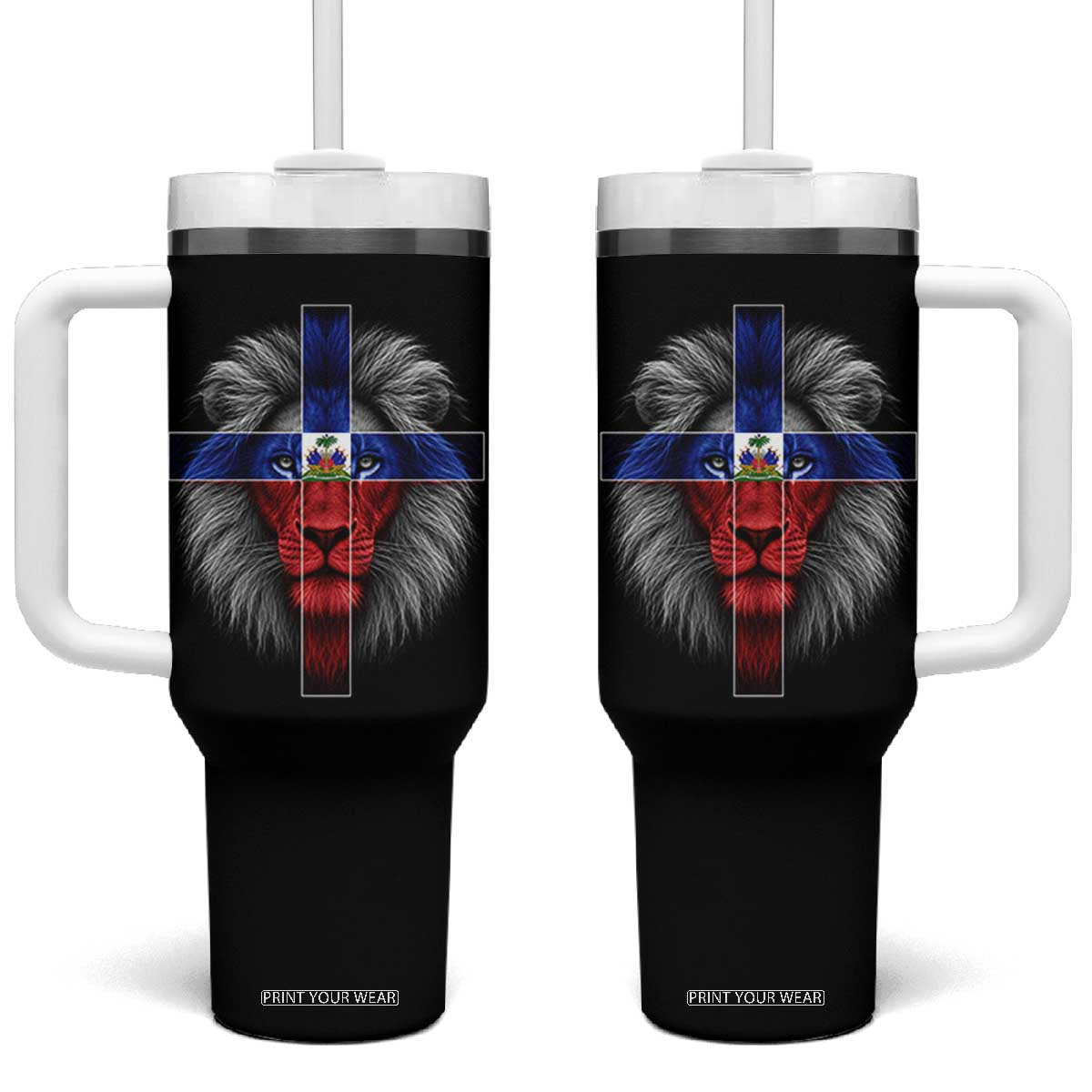 Lion of Judah Cross Haiti Flag Tumbler With Handle Christian Faith Haitian Pride