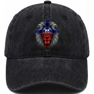 Lion of Judah Cross Haiti Flag Washed Cotton Baseball Cap Christian Faith Haitian Pride