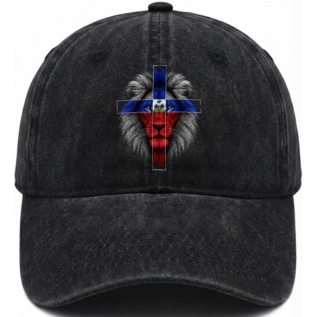 Lion of Judah Cross Haiti Flag Washed Cotton Baseball Cap Christian Faith Haitian Pride TS10 Print Your Wear