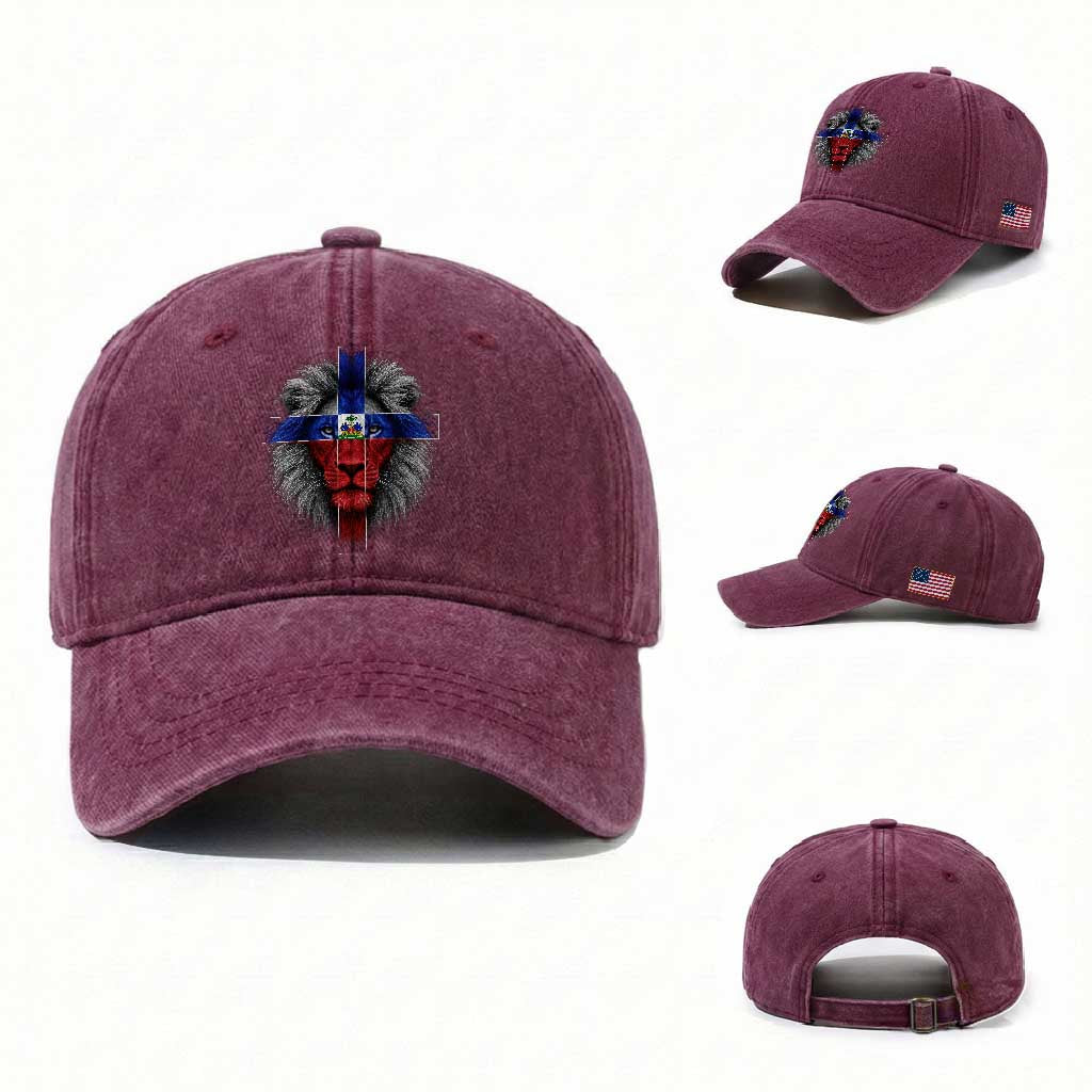 Lion of Judah Cross Haiti Flag Washed Cotton Baseball Cap Christian Faith Haitian Pride