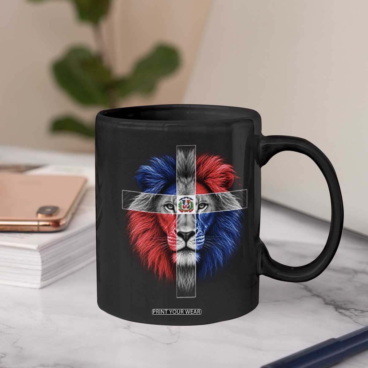 Lion of Judah Cross Dominican Republic Flag Coffee Mug Christian Faith Dominican Pride