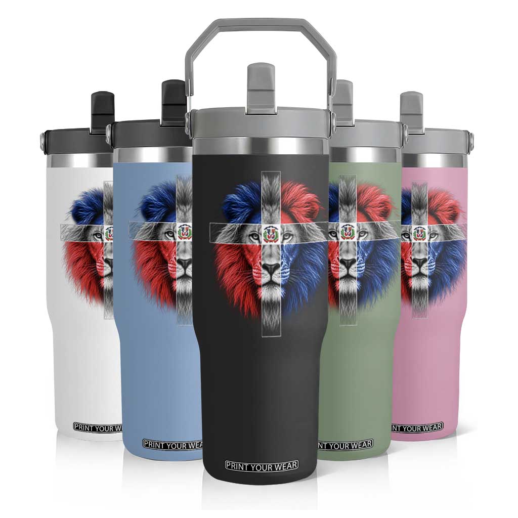 Lion of Judah Cross Dominican Republic Flag Flip Straw Tumbler Christian Faith Dominican Pride
