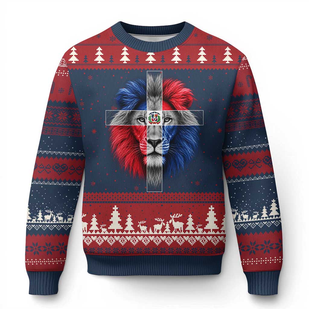 Lion of Judah Cross Dominican Republic Flag Ugly Christmas Sweater Christian Faith Dominican Pride TS10 Navy Red Print Your Wear