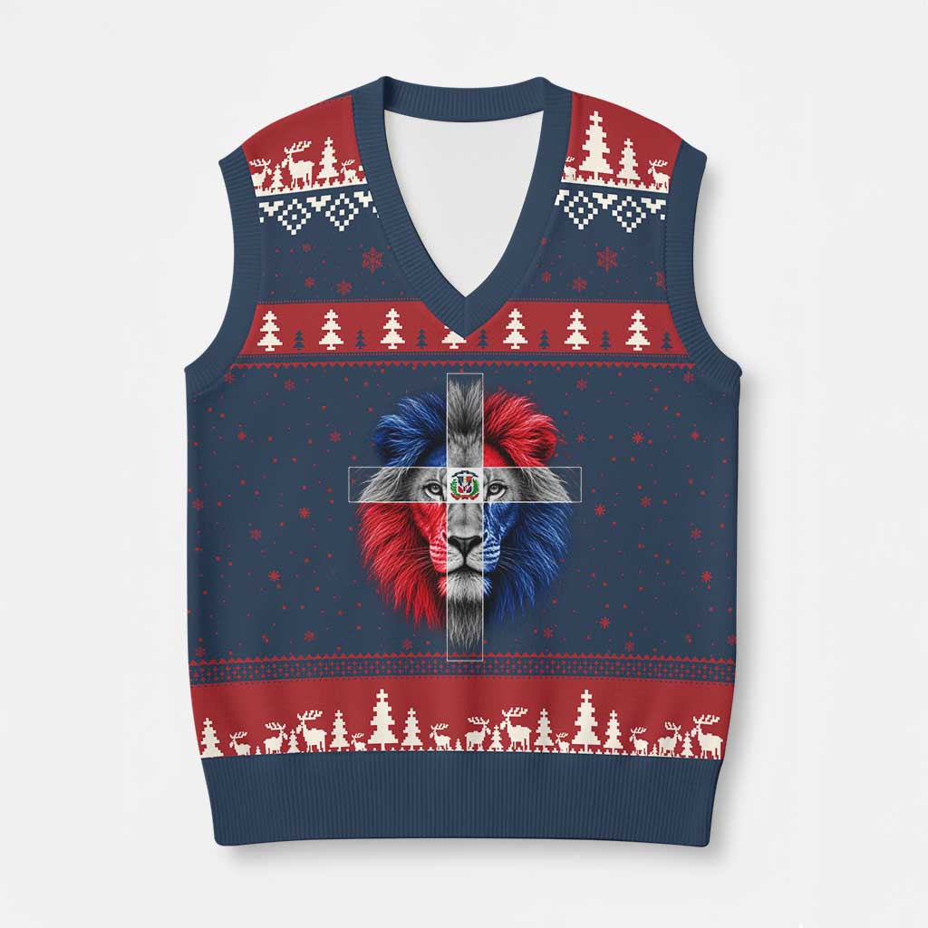 Lion of Judah Cross Dominican Republic Flag V-Neck Knit Sweater Vest Christian Faith Dominican Pride