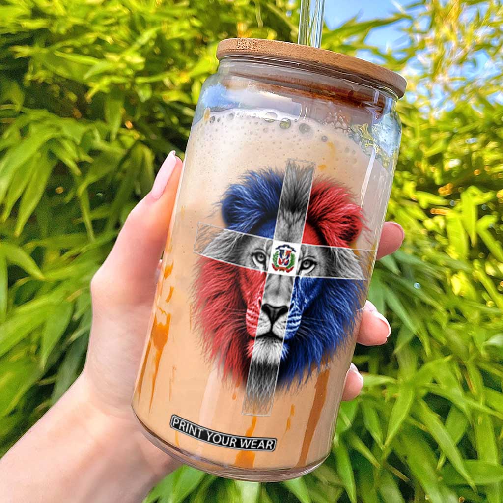 Lion of Judah Cross Dominican Republic Flag Glass Can Christian Faith Dominican Pride