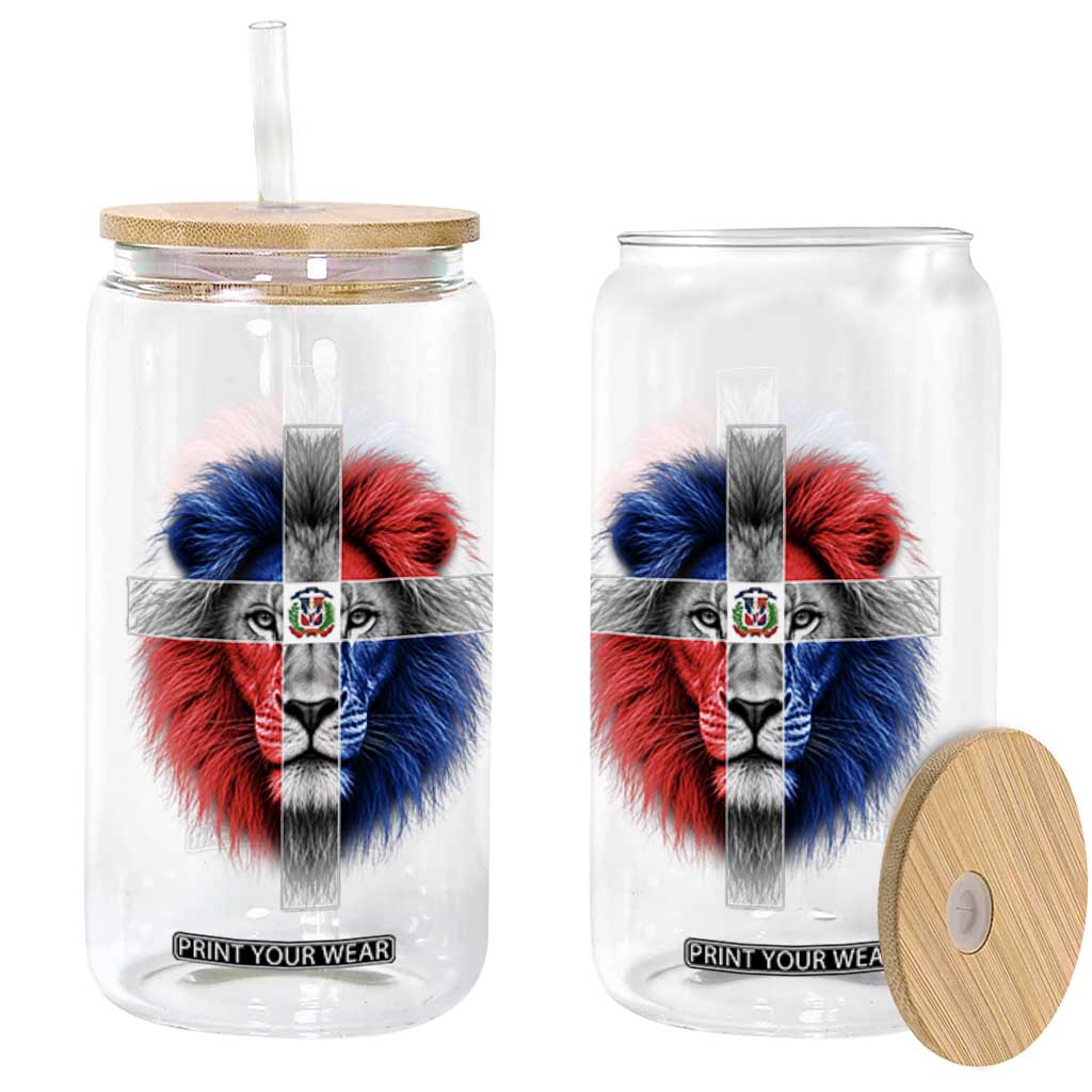 Lion of Judah Cross Dominican Republic Flag Glass Can Christian Faith Dominican Pride