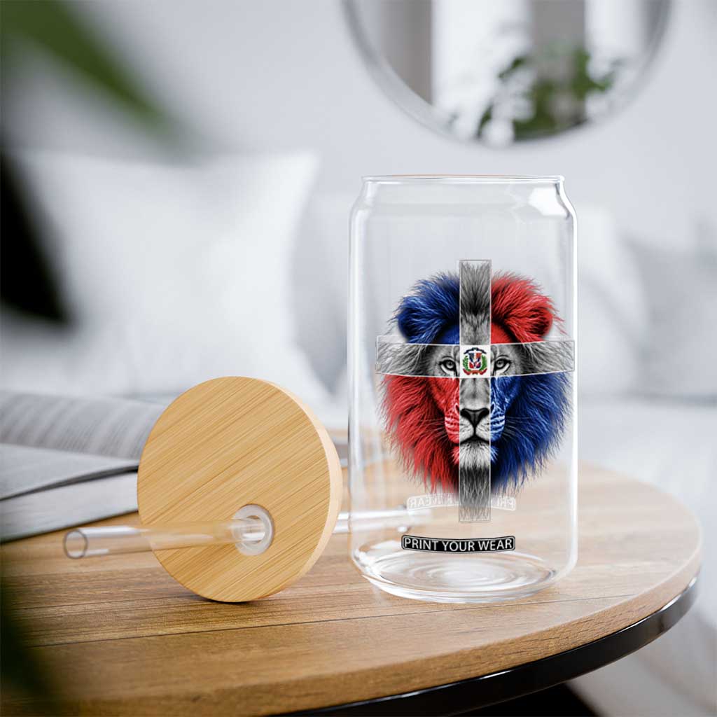 Lion of Judah Cross Dominican Republic Flag Glass Can Christian Faith Dominican Pride