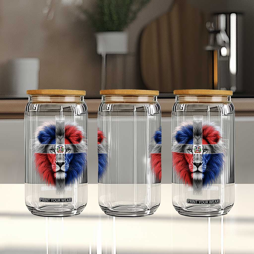 Lion of Judah Cross Dominican Republic Flag Glass Can Christian Faith Dominican Pride